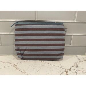 Thirty-One Striped Zipper Pouch Makeup Bag Blue Brown Canvas Travel Toiletry Bag